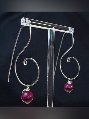 Sterling Silver Red Tigers Eye Artisan Hand Crafted Wire Drop Earrings